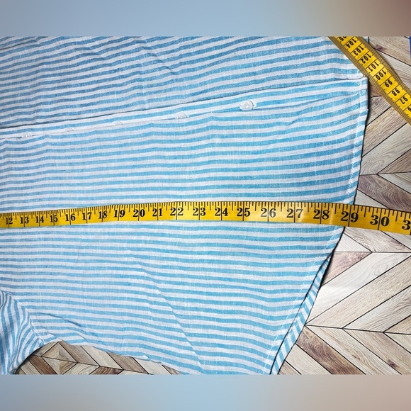BEACH LUNCH LOUNGE Linen Button Up Top Swim Cover Up Blue White Stripes Coastal - Picture 6 of 9